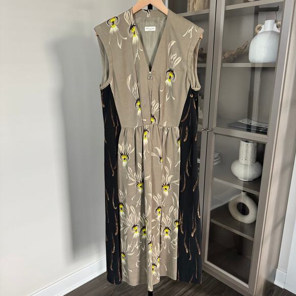 Dries Van Noten Dresses & Skirts - Dries Van Noten Midi Dress Large Feather Pleated Tan Black Yellow Sleeveless 42
